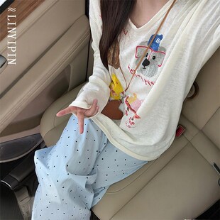 韩系蓝色波点裤女夏季薄款大码胖mm显瘦慵懒感休闲裤子冰丝山本裤