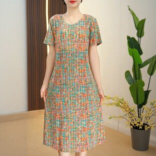 2025新款连衣裙夏季妈妈装遮肉百搭圆领短袖凉快冰丝长裙子宽松
