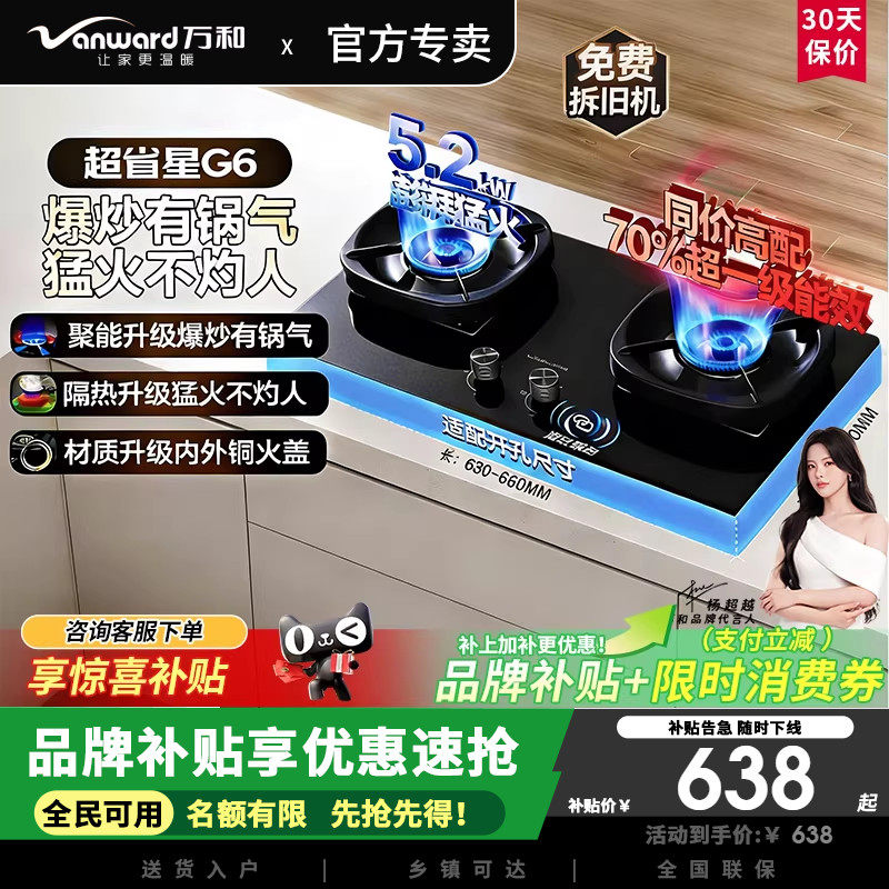 万和G6L50天然气燃气灶5.2kW猛火70%热效率嵌入式家用煤气双炉具