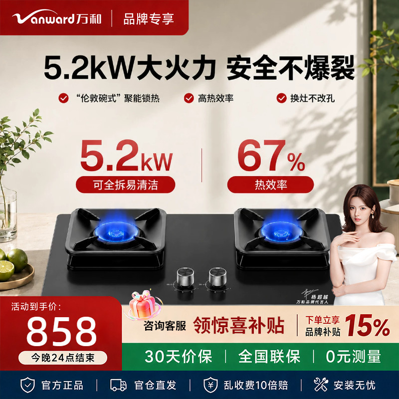 万和小黑盾P7B50A6无痕合金防爆面板天然气燃气灶5.2kW家用双炉具