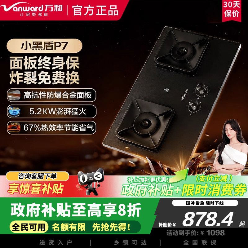 万和小黑盾P7B50A6无痕合金防爆面板天然气燃气灶5.2kW家用双炉具