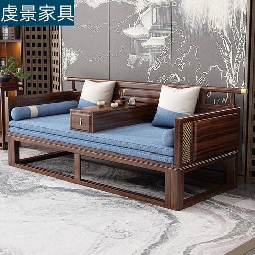 新中式实木罗汉床茶水推拉沙发床简约客厅塌榻卧乌金木中式伸缩床