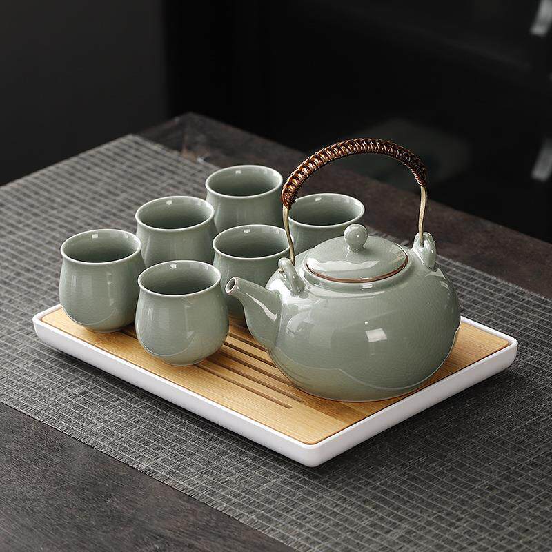 哥窑冰裂开片提梁壶茶具套装陶瓷大容量茶壶茶杯整套家用带过滤网