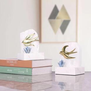 现代轻奢纯铜燕子天然石膏石客厅卧室摆件大理石底座家居工艺品