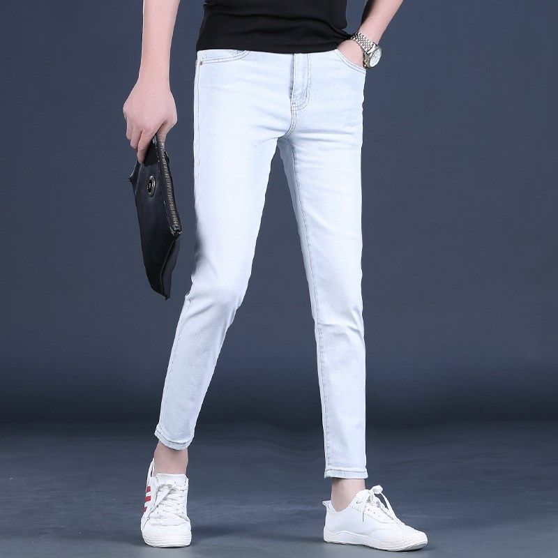 浅灰白色九分裤男士牛仔裤韩版潮流修身小脚9分休闲裤夏季新款薄