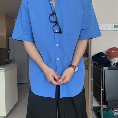 方人也屹韩版硬挺短袖衬衫男夏季宽松半袖中袖休闲五分袖衬衣