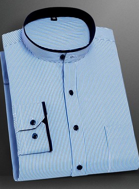 春季中山装长袖衬衫男立领商务休闲蓝色竖条纹衬衣男西装圆领寸杉