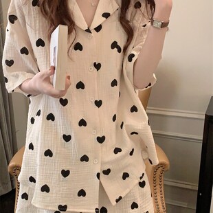 睡衣女夏季简约款纯棉麻纱布爱心小翻领短袖短裤家居服套装可外穿