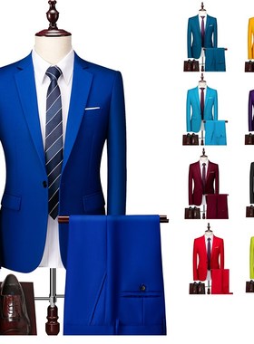 新郎结婚礼服男士商务休闲正装西服套装两件套大码宝蓝色西装外套
