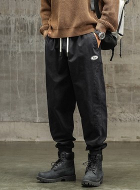 秋季潮牌黑色休闲裤男宽松大码束脚运动哈伦九分拼接纯棉工装裤子