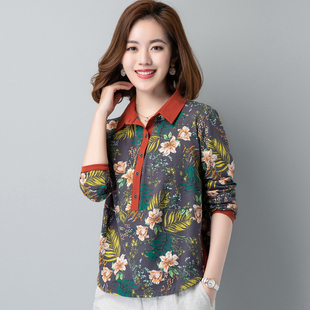春装新款纯棉长袖T恤女宽松中老年洋气妈妈花色上衣带领子打底衫