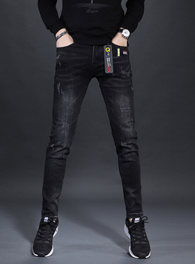 2021年冬季牛仔裤男黑色弹力修身小脚潮流休闲男士加绒裤子秋冬款