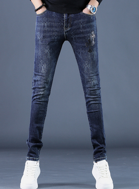 春季新款蓝色高端印花牛仔裤男修身小脚弹力男士休闲长裤潮流裤子