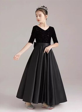 女童黑色V领钢琴礼服演出服公主裙儿童管弦乐团中袖缎面舞台装长