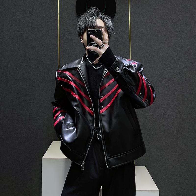 小众撞色机车皮衣短款外套男秋冬季新款皮夹克高级感潮流上衣宽松