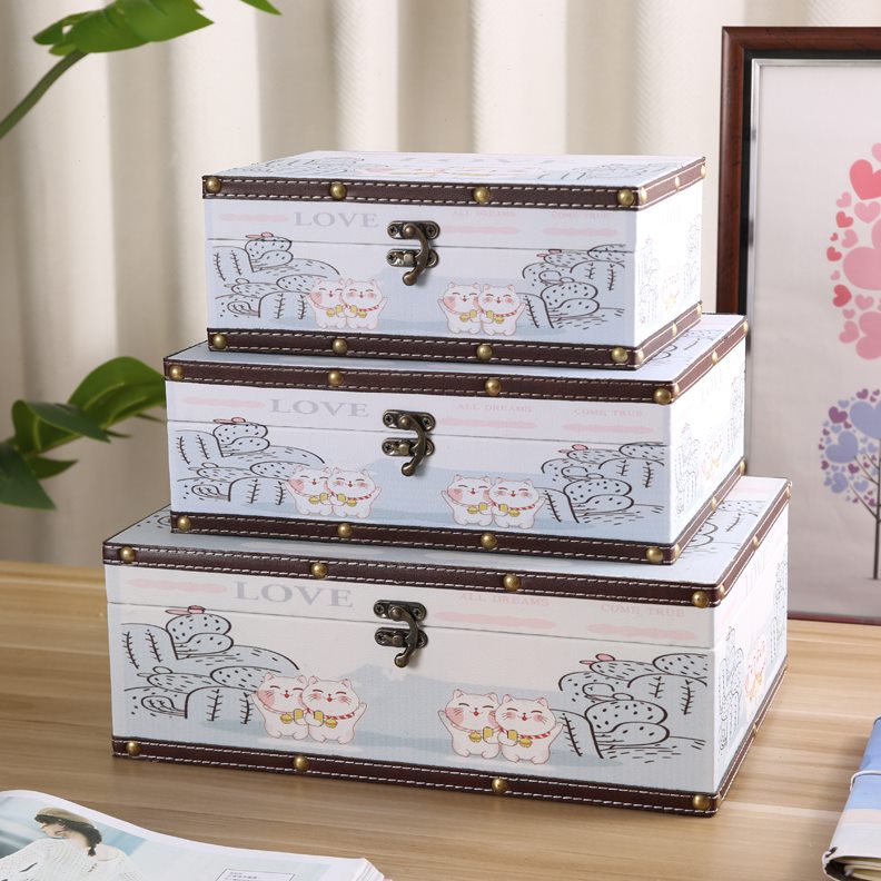 创意带锁收纳盒桌面带盖长方形家用杂物首饰储物箱木质小箱子