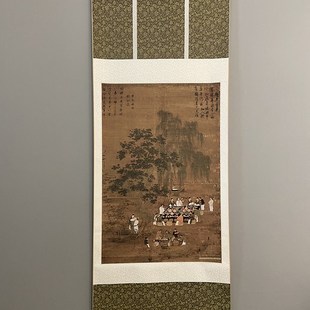 宋徽宗赵佶文会图   国画宣和裱茶画雅园聚会挂轴装裱檀木轴头