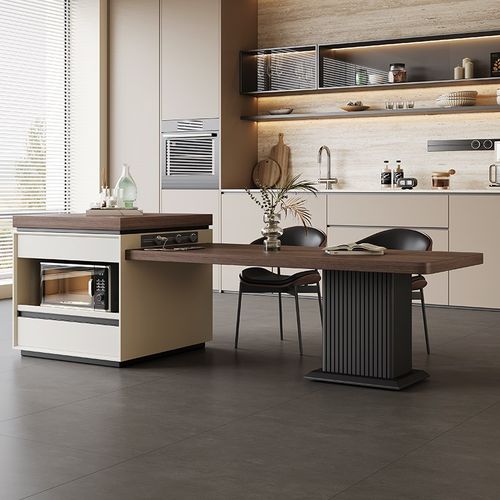 意式轻奢木纹岩板岛台餐桌一体家用可伸缩现代高端胡桃木色餐桌