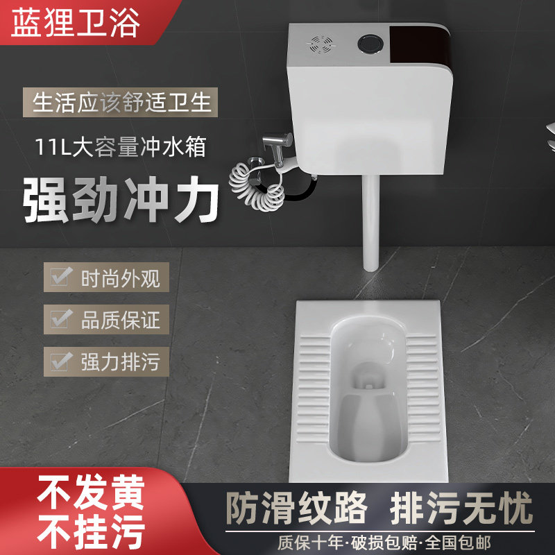 家用陶瓷蹲便器水箱蹲厕套餐卫生间带存水弯防臭蹲坑式大便器便盆
