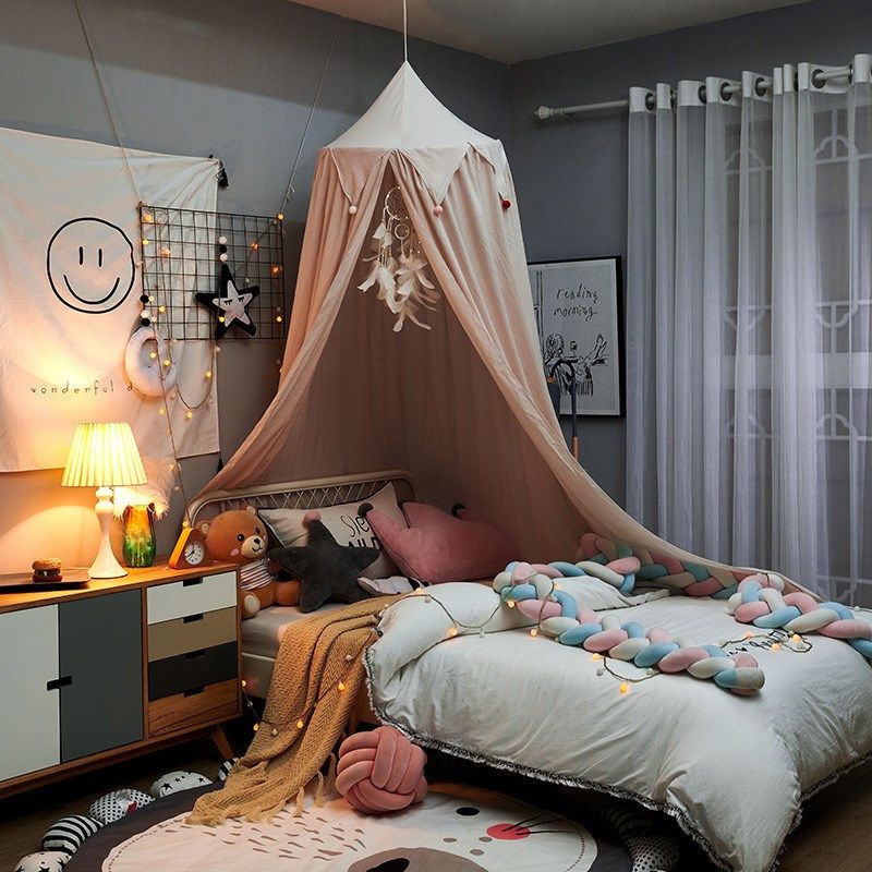 流苏粉色圆顶儿童树屋帐篷免打孔安装床头床帘遮光床幔水洗棉蚊帐,床上用品,床幔,淘宝优惠券,粉丝福利购,淘宝优惠卷