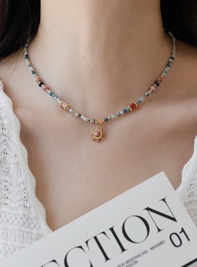 法式复古红纹石太阳吊坠天然石串珠项链气质高级感设计小众颈链女