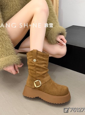 麂皮~美拉德骑士靴女厚底短靴2025秋冬新款爆款勃肯瘦瘦靴马丁靴