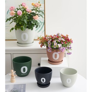 家用花盆陶瓷带托盘简约白色盆栽盆绿萝盆月季 绣球玫瑰花专用花盆