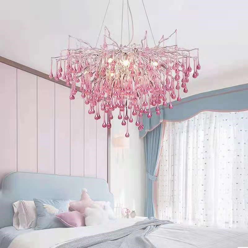 粉色水晶吊灯蓝色卧室灯少女心儿童女孩房轻奢温馨浪漫公主水晶灯