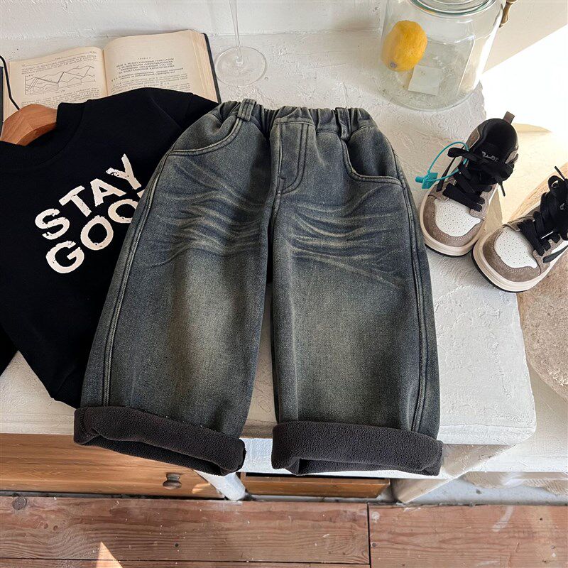 冬季新款儿童韩版一体绒牛仔裤女宝洋气复古裤男童做旧磨破直筒裤