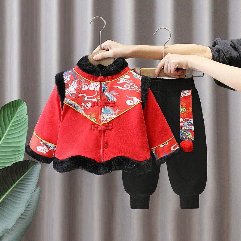 儿童拜年服冬装加绒加厚套装宝宝新年喜庆衣服唐装男童中国风汉服