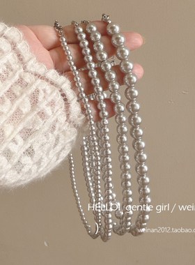 叠戴神器~~浅灰玻璃珍珠项链韩国气质秋冬显白高级感百搭女锁骨链