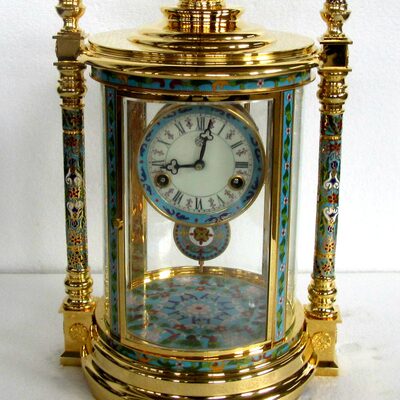 景泰蓝镀金圆亭座钟黄铜机械报时四明钟三五发条上弦台钟古典钟表