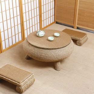麻绳榻榻米茶几炕几阳台地台小茶几飘窗桌中式家用圆形矮茶几炕桌