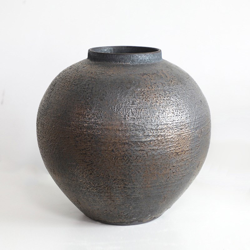 现代复古侘寂风中式禅意缸瓦粗陶罐D子圆形大肚陶瓷花器民宿装饰