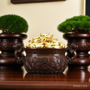 紫铜螭龙耳聚宝盆摆件铜工艺品客厅玄关办公桌博古架家居装 饰品