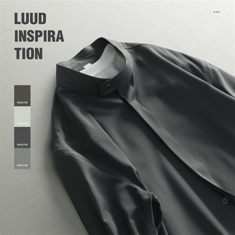LUUD 轻奢高级感纯色免烫休闲寸衣外套小立领修身潮流灰色衬衫男