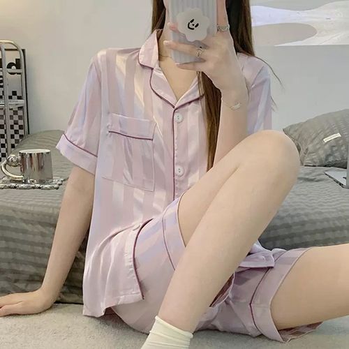 2024新款女士短袖冰丝凉感睡衣夏季天条纹一体式家居服套装