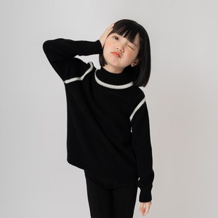 【100%羊绒】女童黑色纯羊绒衫儿童毛衣2024新款加厚半高领秋冬季