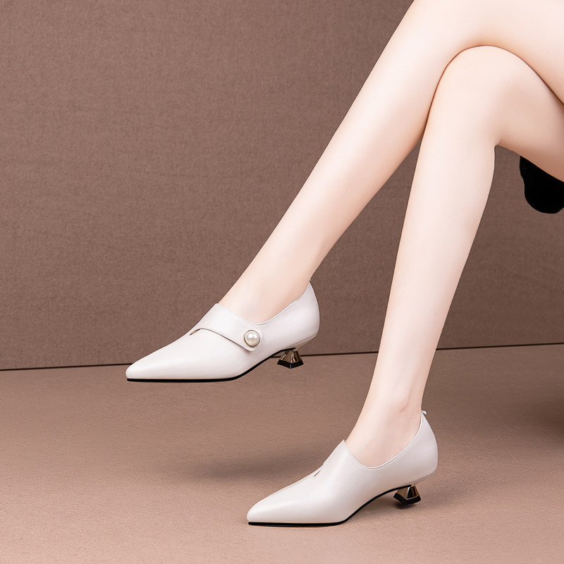 深口鞋女2025春秋季新款真皮尖头米白色猫跟单鞋低跟皮鞋四季鞋子,女鞋,深口单鞋,淘宝优惠券,粉丝福利购,淘宝优惠卷