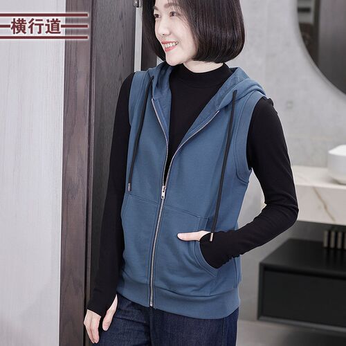 纯棉连帽背心坎肩全棉女春宽松纯色简约马甲百搭带帽拉链无袖外套