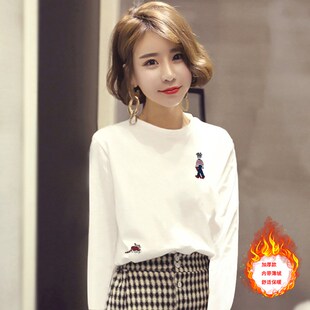 显瘦加厚打底衫 2020秋冬白色t恤女长袖 加绒纯色圆领百搭纯棉修身