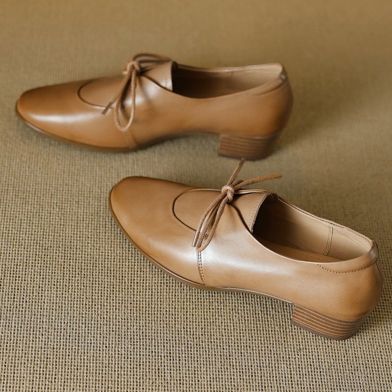 杏色小皮鞋系带深口单鞋女春秋新款小圆头3厘米粗跟大码真皮单鞋,女鞋,深口单鞋,淘宝优惠券,粉丝福利购,淘宝优惠卷