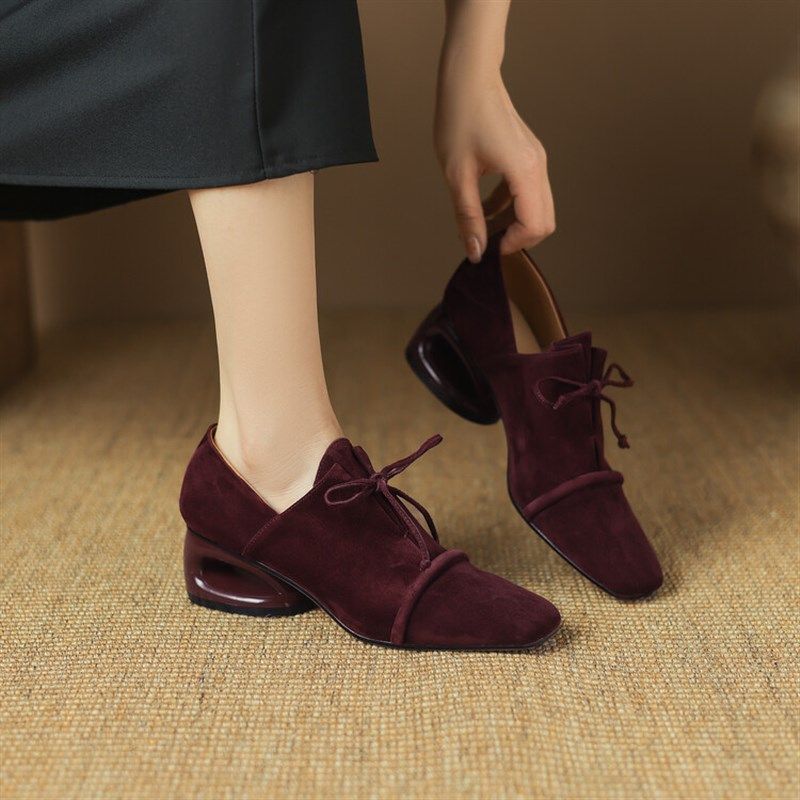 复古英伦风方头粗跟单鞋女2024新款真皮磨砂深口系带百搭中跟单鞋,女鞋,深口单鞋,淘宝优惠券,粉丝福利购,淘宝优惠卷