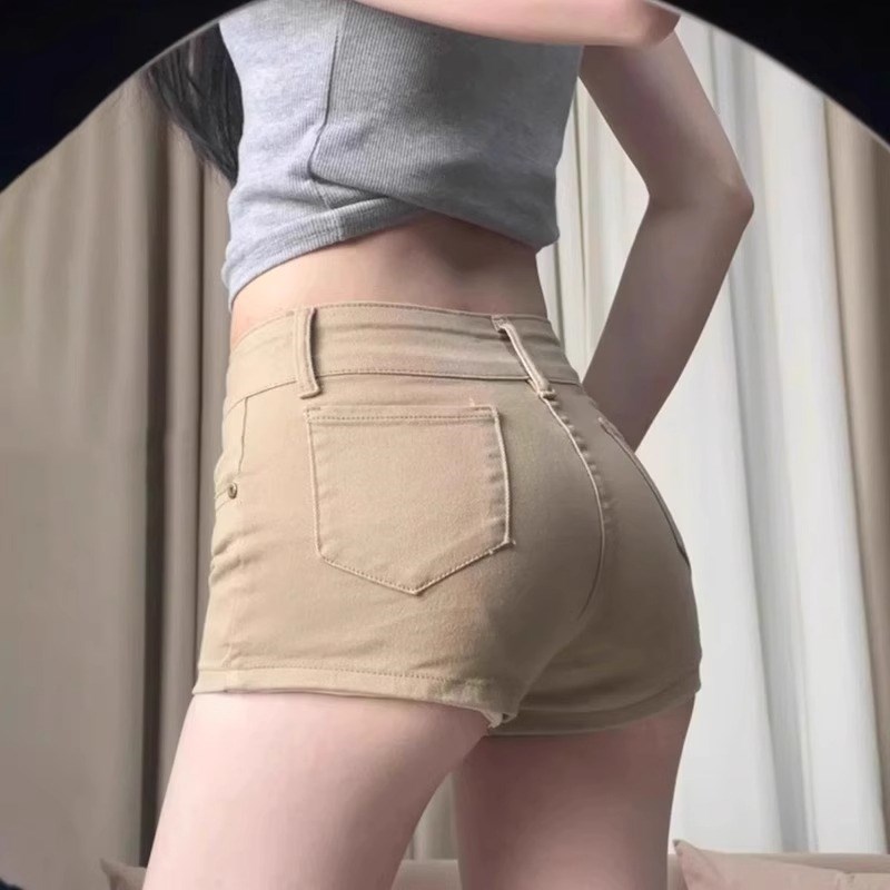 卡其色低腰牛仔短裤女高腰显瘦紧身美式辣妹包臂夏天a字超短热裤图片
