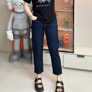 薄款 胖mm复古高腰松紧显瘦贴标九分老爹裤 大码 牛仔裤 女装 2024夏季