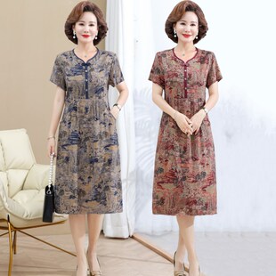 棉绸短袖 新款 连衣裙中老年女士人造棉中长裙子 2023夏季 洋气妈妈装