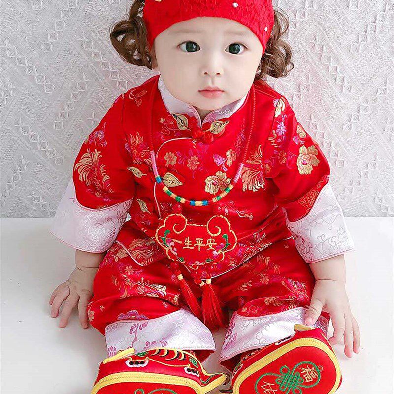 春秋季女宝宝周岁礼服加厚婴儿唐装抓周礼服满月宴新中式服装套装