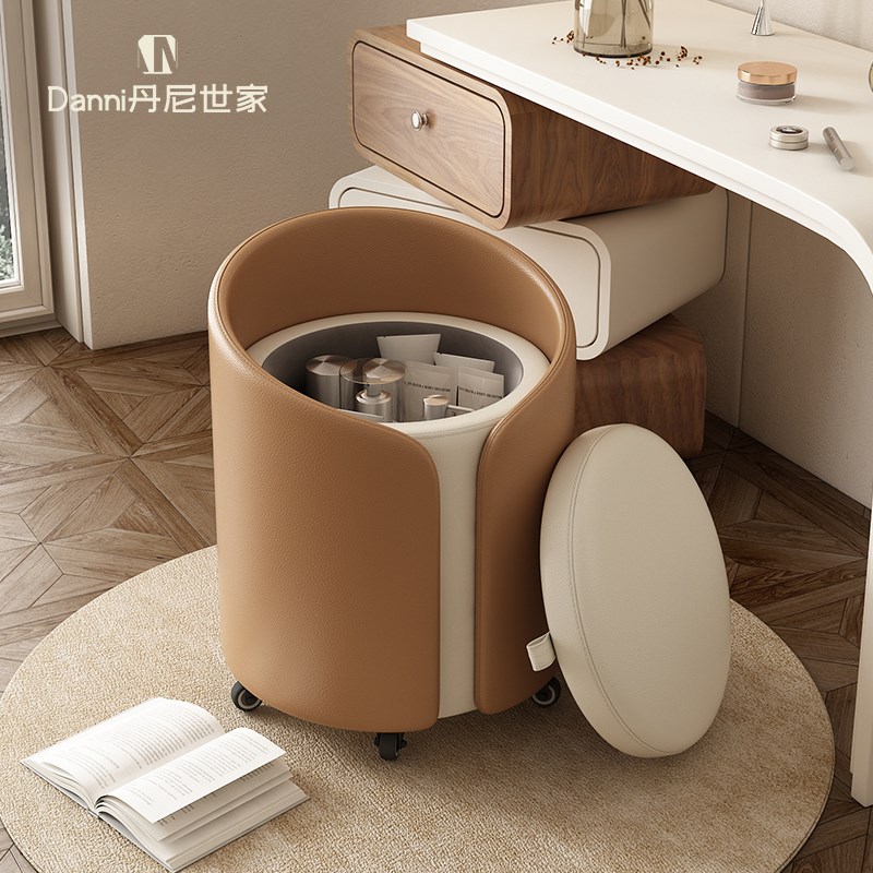 可储物滑轮化妆凳轻奢高级感网红可移F动茶几凳中古实木梳妆凳矮