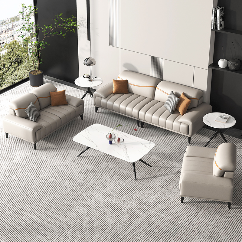 欧式轻奢办e公室沙发真皮接待洽谈商务意式三人位休闲会客茶几组