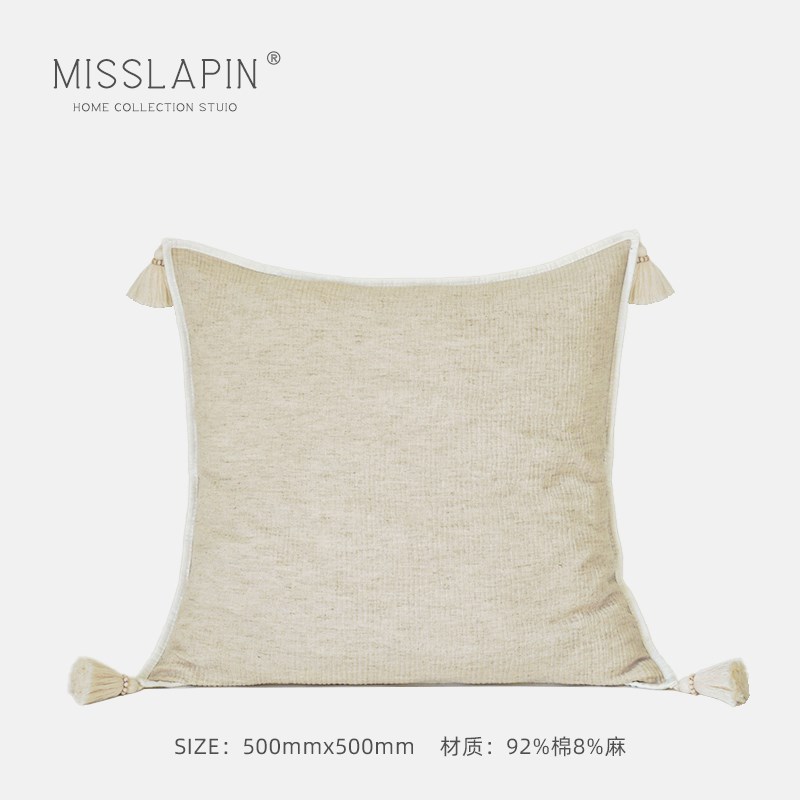 澜品月弦木珠流苏棉麻抱枕中式客厅靠垫侘寂R靠枕沙发靠背腰